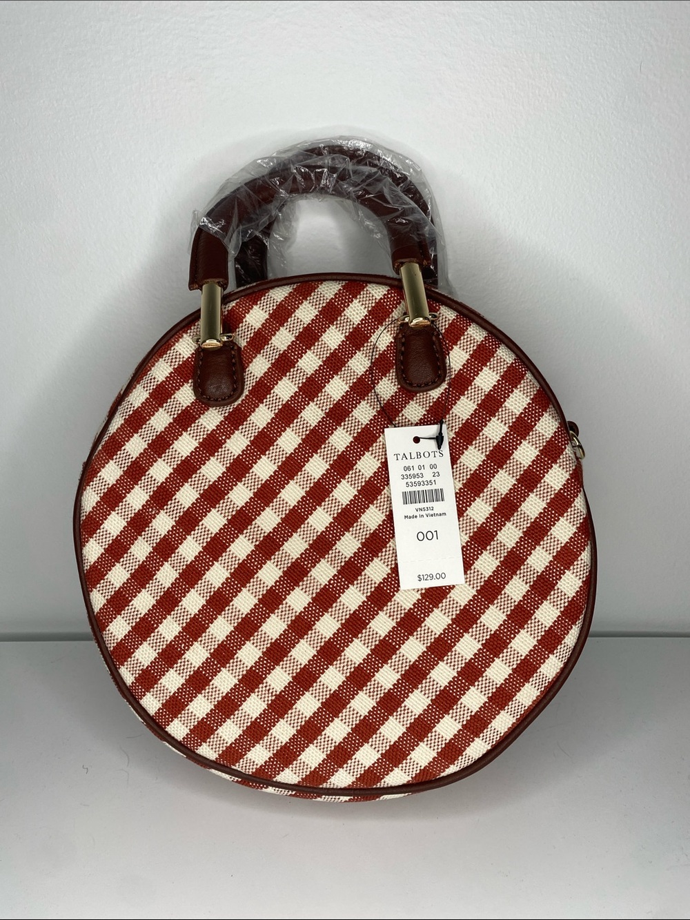 Talbots NWT Round Gingham Satchel Crossbody Bag Red Cream Leather Trim